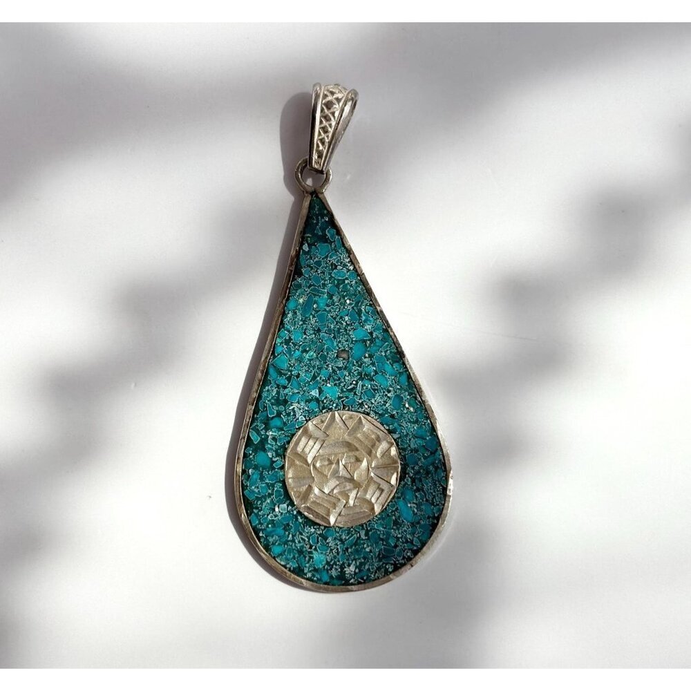 Teardrop Shaped Mosaic Crushed Turquoise Sterling Silver 925 Vintage Pendant